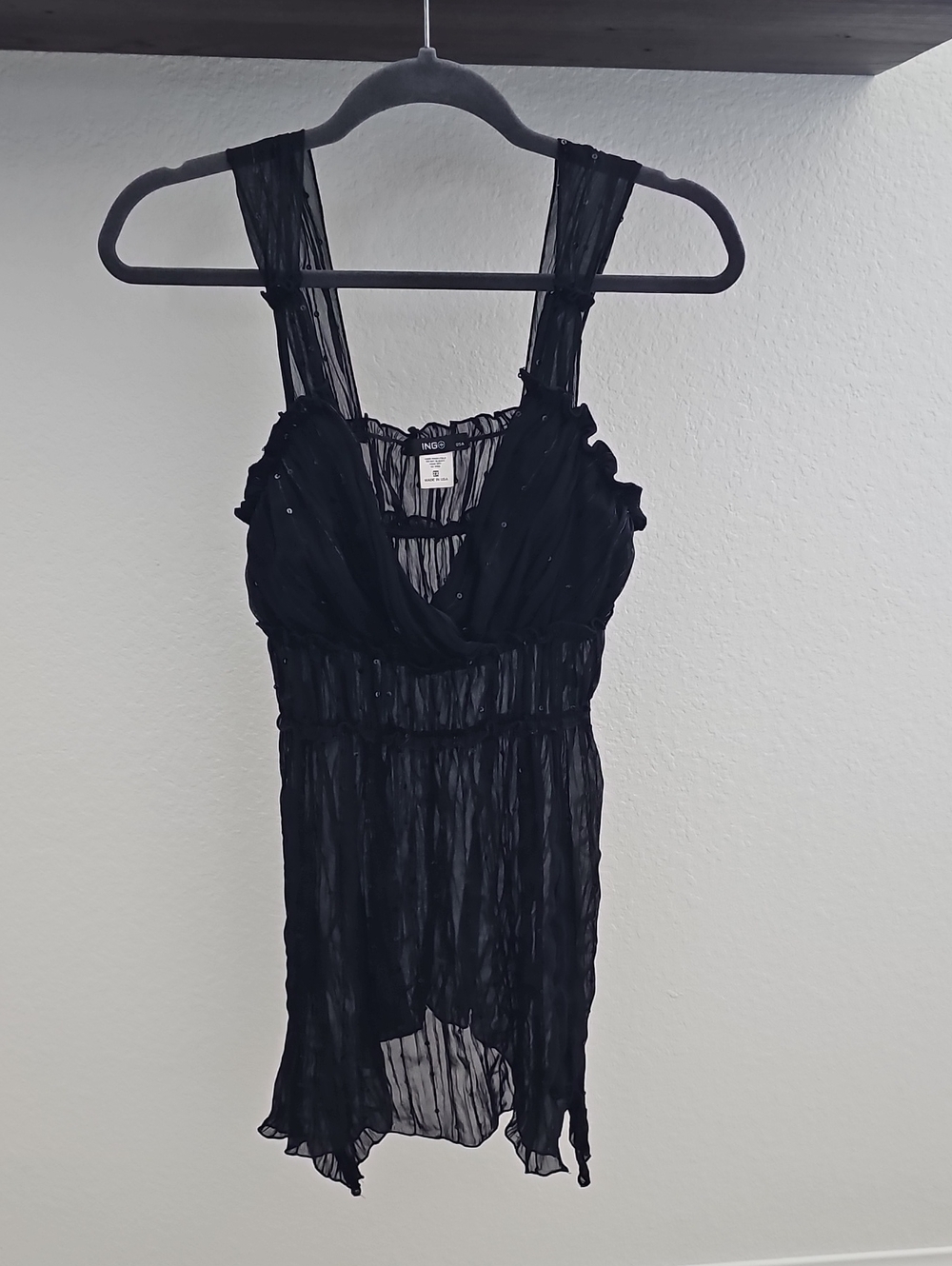 ING Womens 2X Black Sequin Ruched Babydoll Cami Tank Handkerchief Hem Y2K